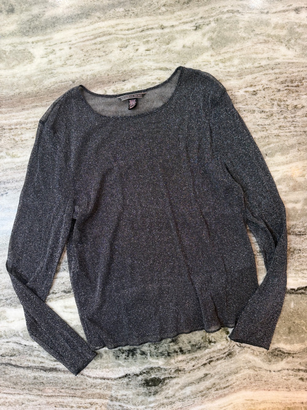 Victoria's Secret Black Sheer Sparkle Long-Sleeve Scoop Top M/L
